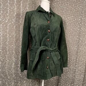 Vintage LNR La Nouvelle Renaissance Green Suede Leather Long Tie Button Jacket